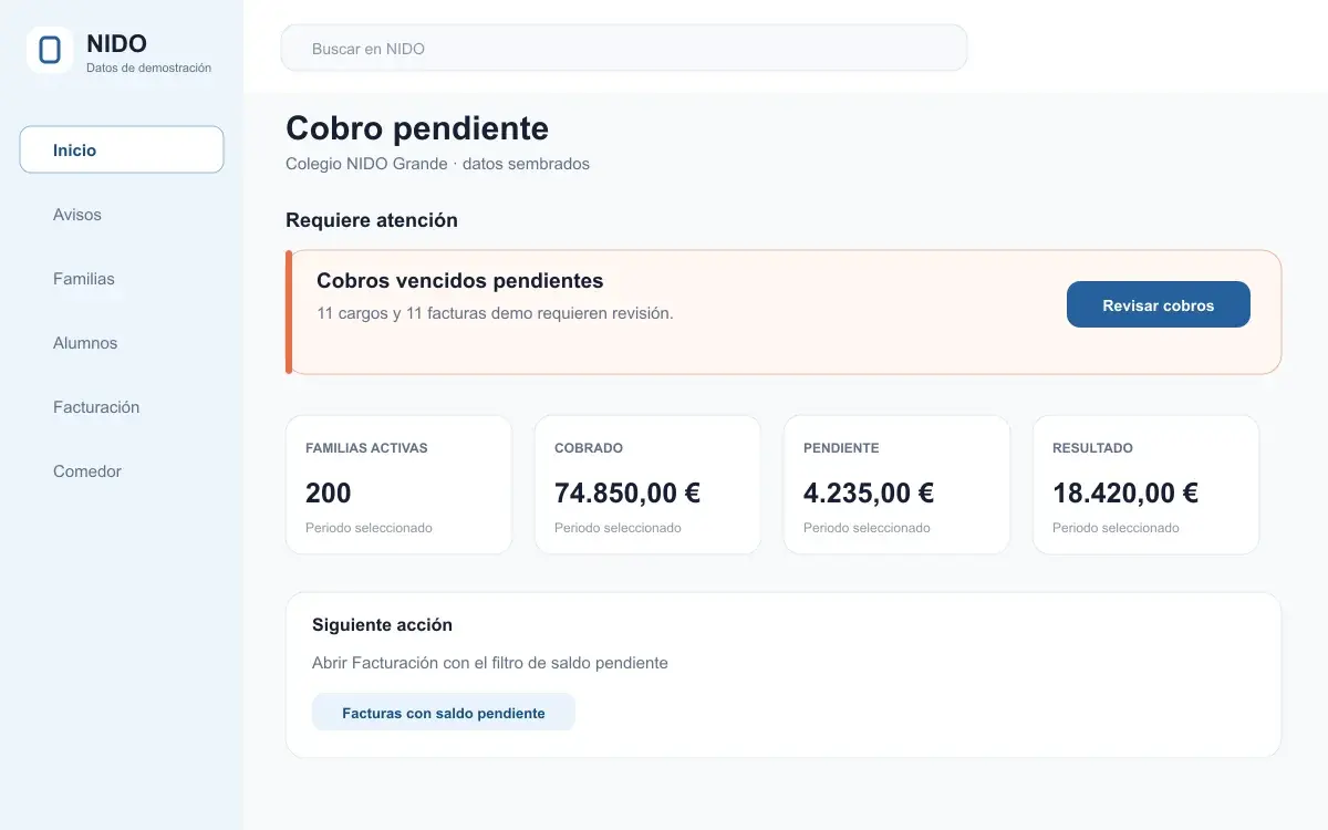 Panel demo de NIDO con un cobro pendiente, cuatro indicadores y el acceso para revisar las facturas
